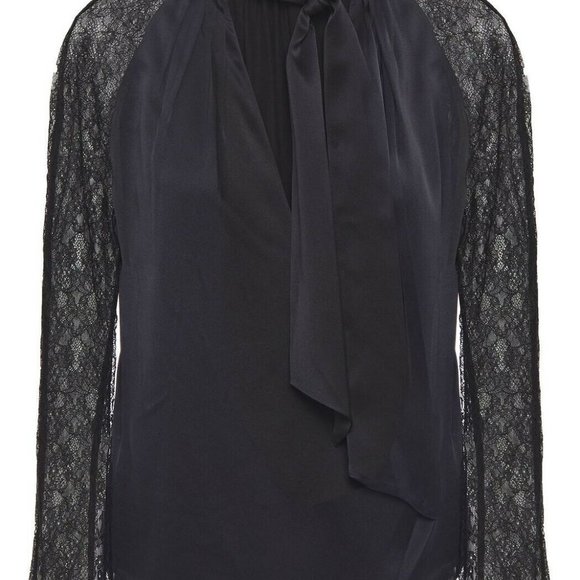 Jonathan Simkhai Satin Tie Neck Chantilly Lace Sleeve Wrap Black Blouse XS - Picture 2 of 12
